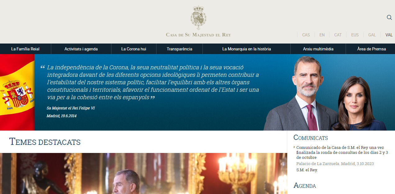 Web Casa Reial en valencià (sic)