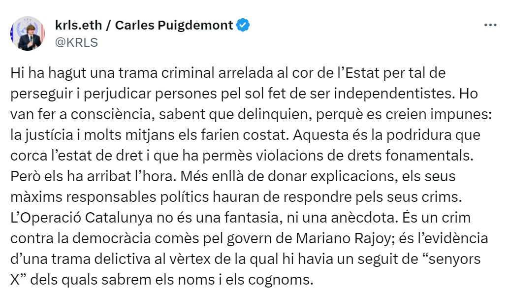 La reacció de Carles Puigdemont a les noves informacions sobre l'Operació Catalunya / Foto: X