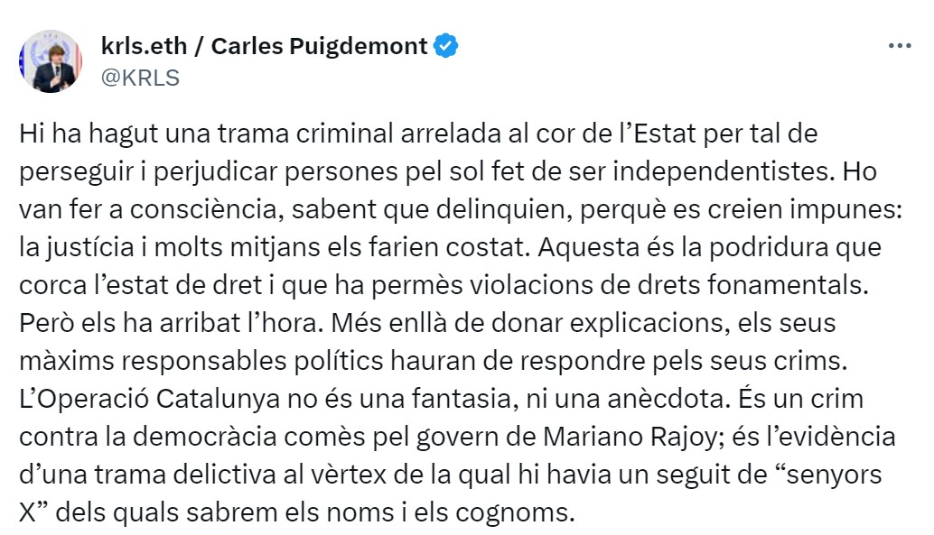 La reacció de Carles Puigdemont a les noves informacions sobre l'Operació Catalunya / Foto: X La reacció de Carles Puigdemont a les noves informacions sobre l'Operació Catalunya / Foto: X