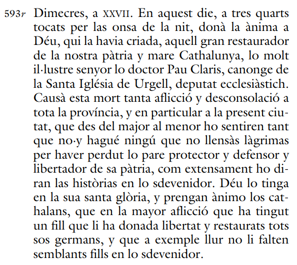 Anotación de la defunción del presidente Claris (27 02 1641). Fuente Dietario de la Generalitat