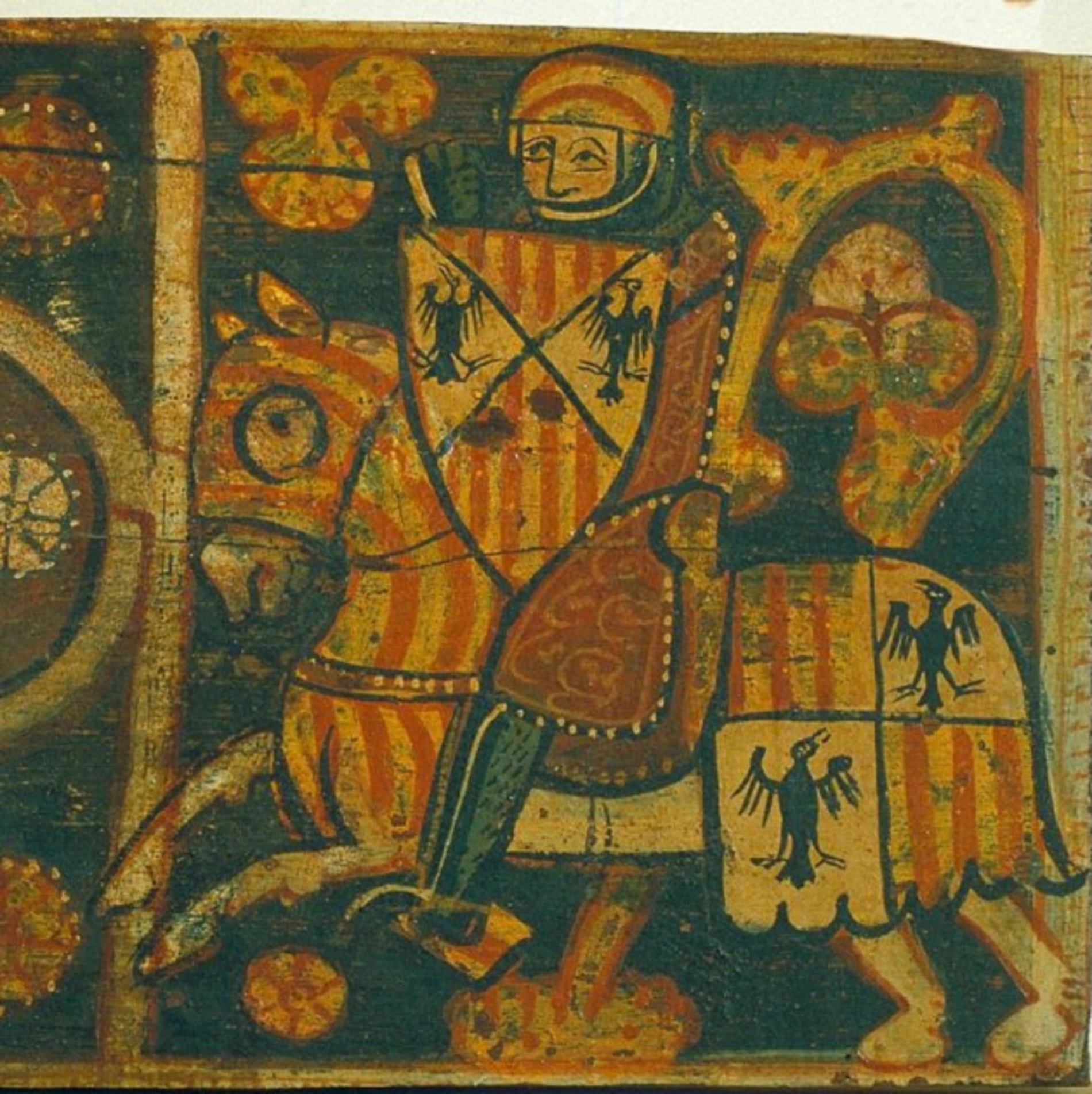 Cavaller amb les armes de l'Aliga Hohenstaufen (Sicilia) i el Senyal Reial (Catalunya i Aragó). Font Museu Nacional d'Art de Catalunya