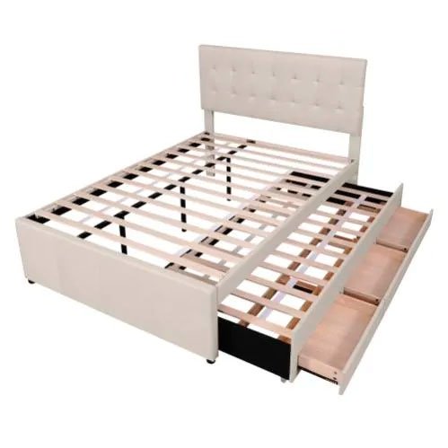 Cama doble tapizada extensible con tres cajones