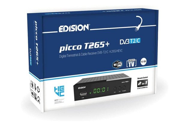 Edision Picco T265+ Receptor Terrestre TDT DVB T2 y por Cable DVB C, H265 HEVC FTA Full HD PVR, USB, HDMI, SCART, S PDIF, Sensor IR, Soporte USB WiFi, Mando a Distancia Universal 2en1 Edision Picco T265+ Receptor Terrestre TDT DVB T2 y por Cable DVB C, H265 HEVC FTA Full HD PVR, USB, HDMI, SCART, S PDIF, Sensor IR, Soporte USB WiFi, Mando a Distancia Universal 2en1