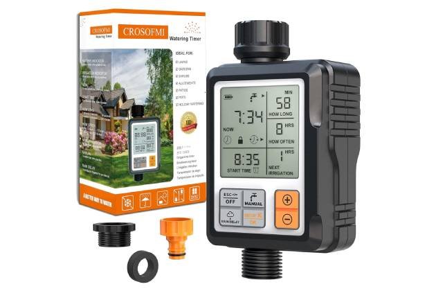 CROSOFMI Programador Riego Jardin Temporizador de Riego Automatico Control Pantalla Grande de 3 Pulgadas Naranja