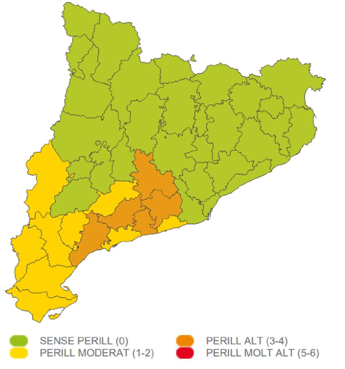 Mapa peligro viento sábado, 10 febrero 2024 Catalunya Meteocat
