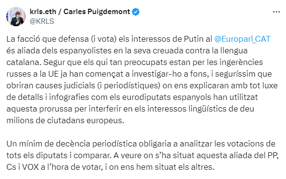 Tuit Puigdemont españolismo Russia