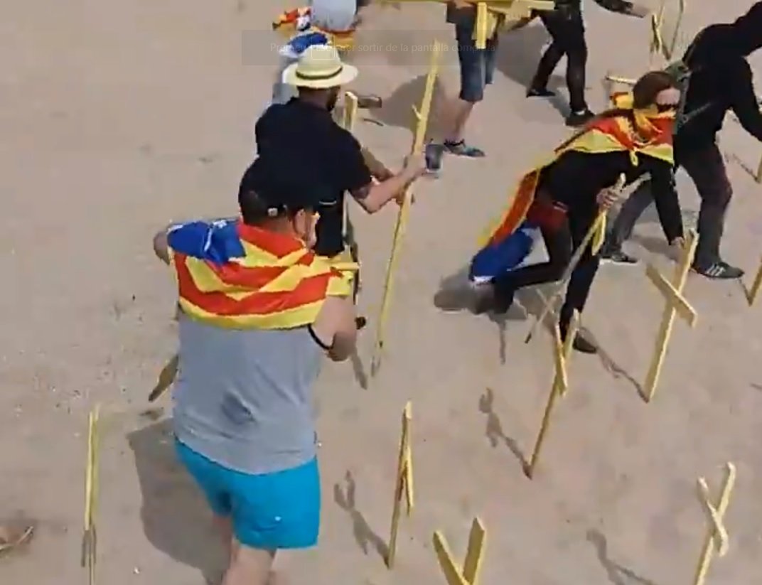 Hooded unionists remove yellow crosses at Barcelona beach, injuring five