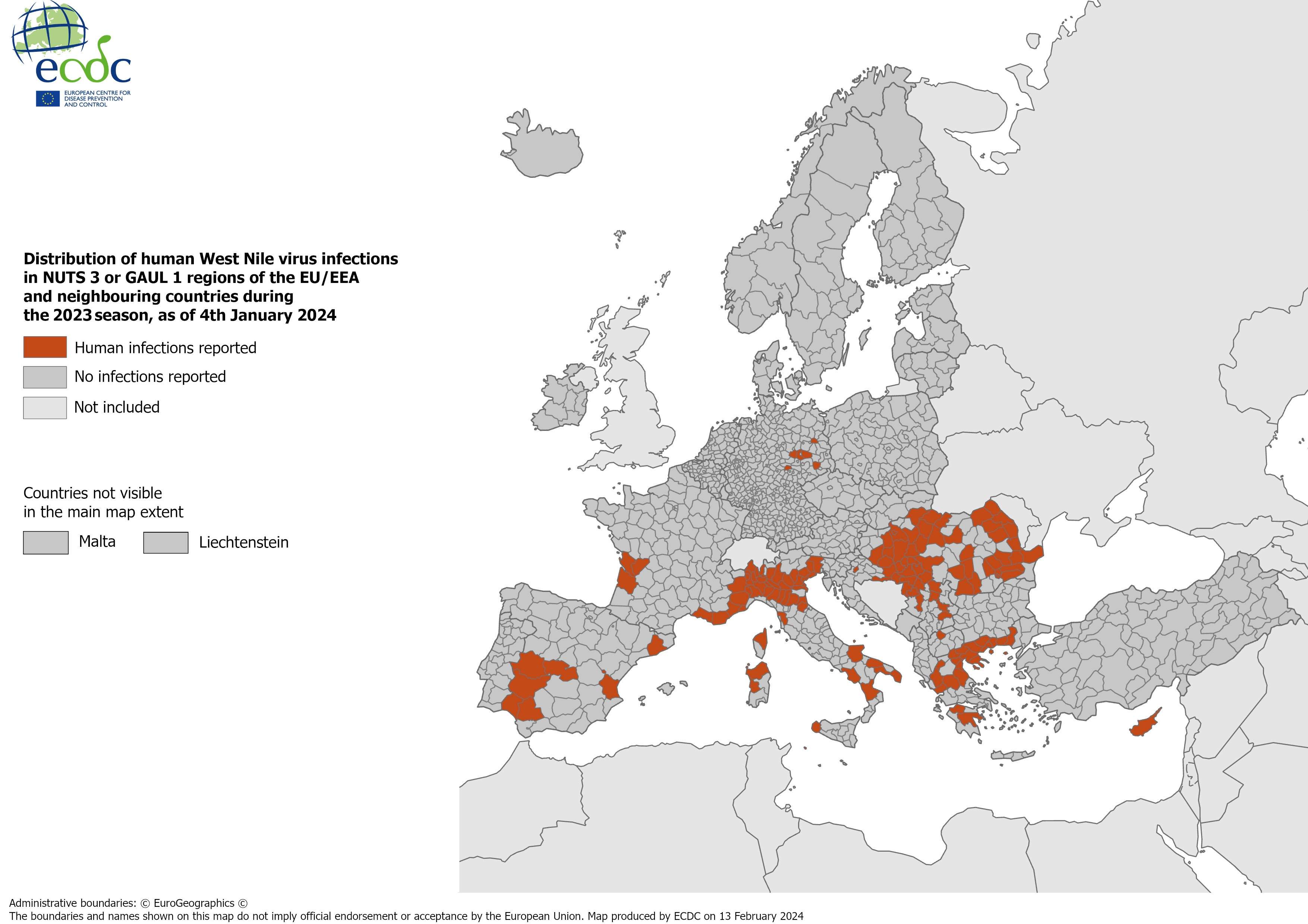 Regiones Europa infecciones virus Nilo Occidental 2023 / ECDC