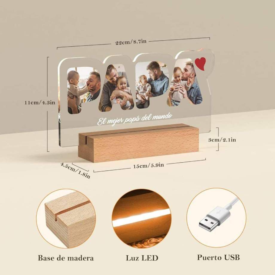 Con base de madera, luz led y puerto USB | Amazon