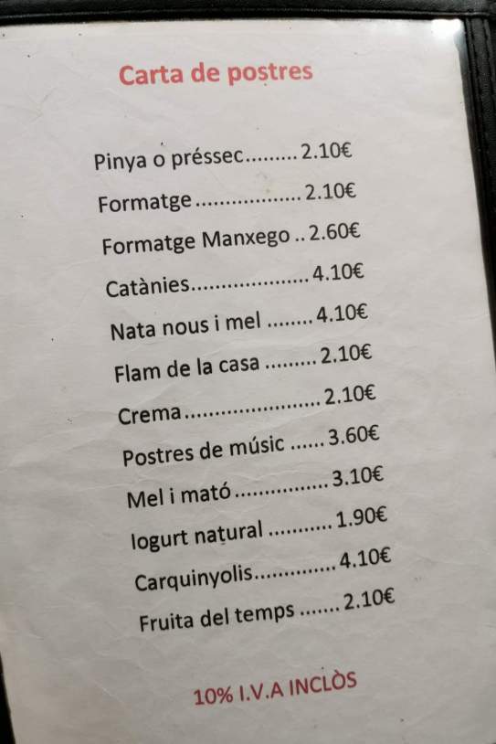 Carta postres Cal Pau Xich Carta postres Cal Pau Xich