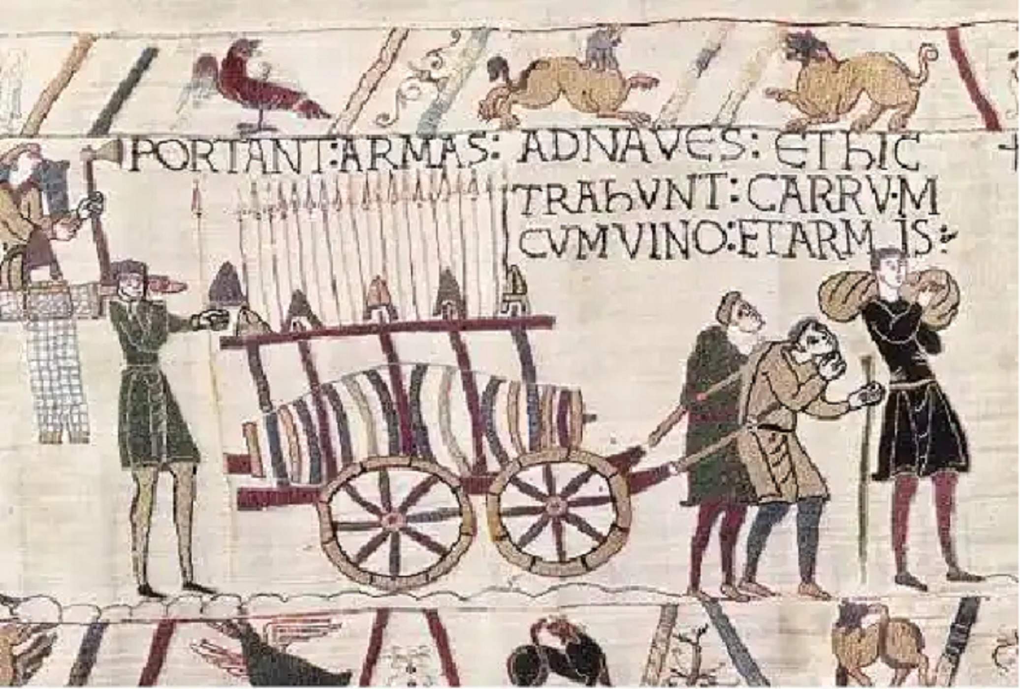Representación del transporte normando de armas y de vino. Fuente Tapes de Bayeux. Fuente Museo de Bayeux