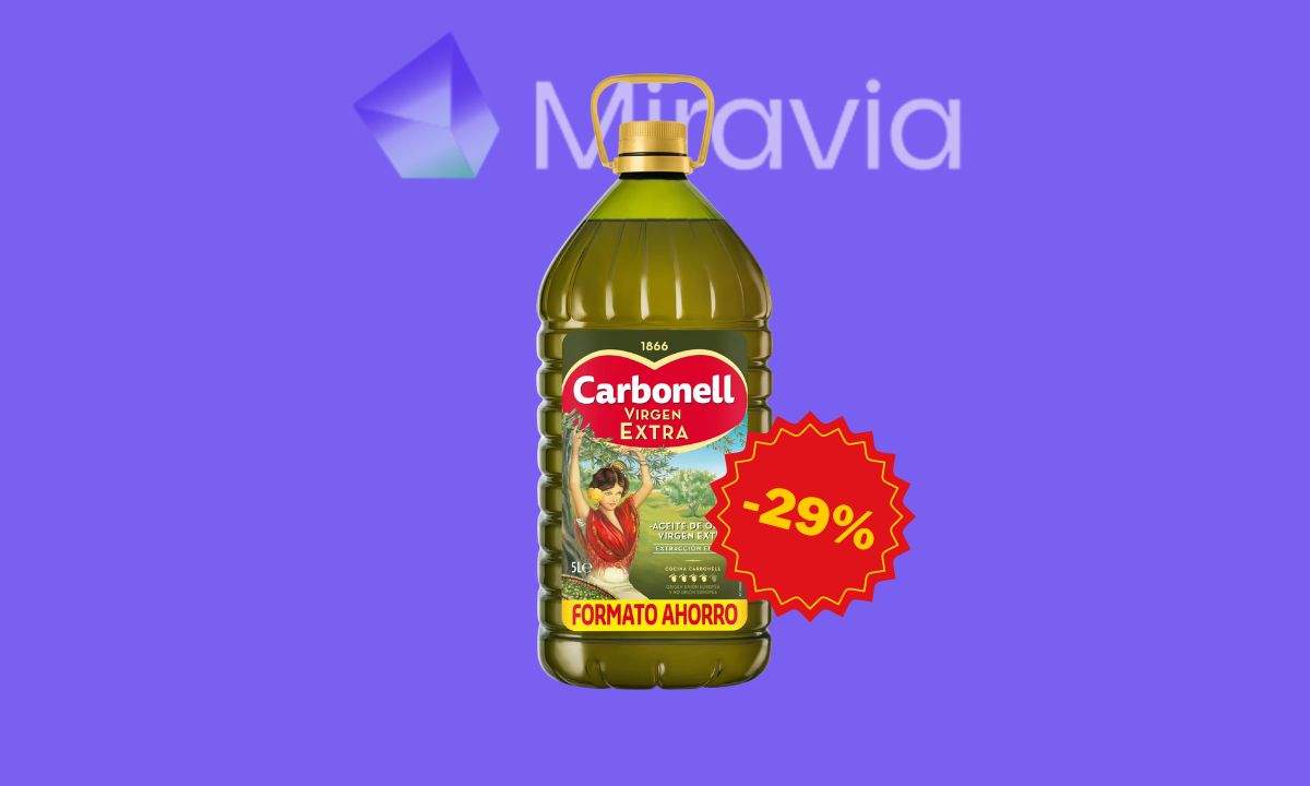 Miravia té el format estalvi de 5 litres de l'oli Carbonell per 45 euros, a 9,20 € el litre