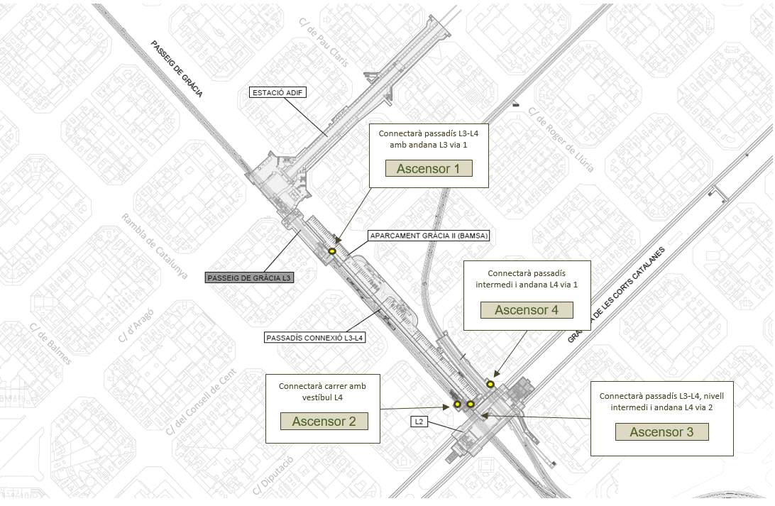 Quatre nous ascensors facilitaran l’accés a l’estació de Metro de Passeig de Gràcia