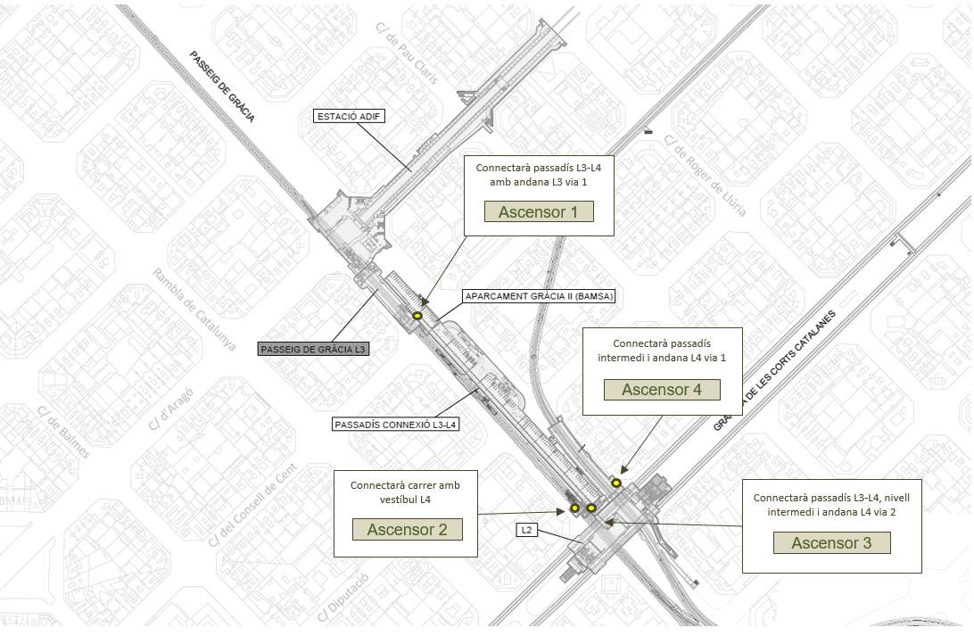 Quatre nous ascensors facilitaran l’accés a l’estació de Metro de Passeig de Gràcia