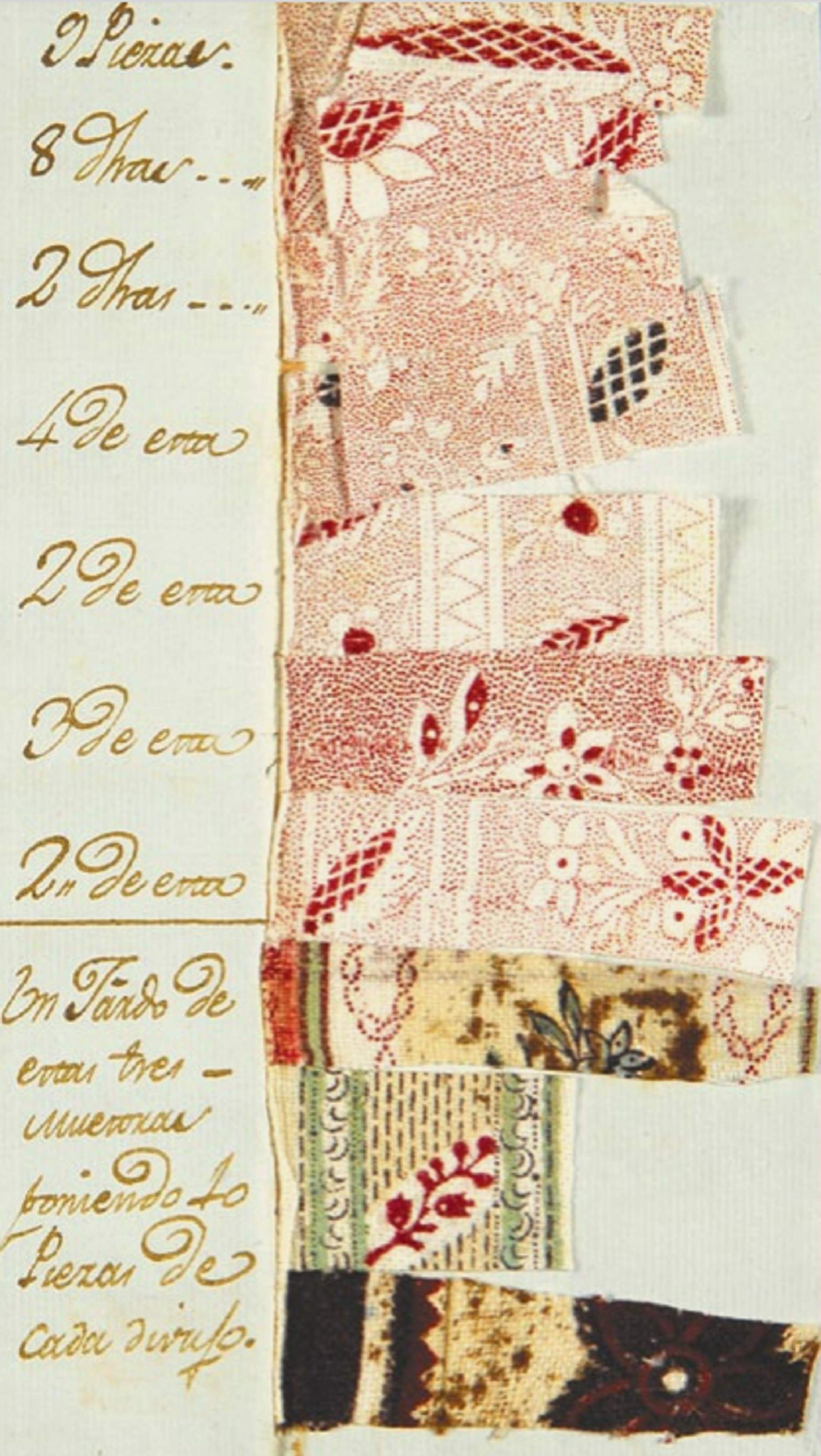 Comanda dirigida al fabricant Erasme de Gómina per un botiguer de Sevilla amb diferents mostres d'indianes (1792). Font AHCB (Arxiu Historic de la ciutat de Barcelona)