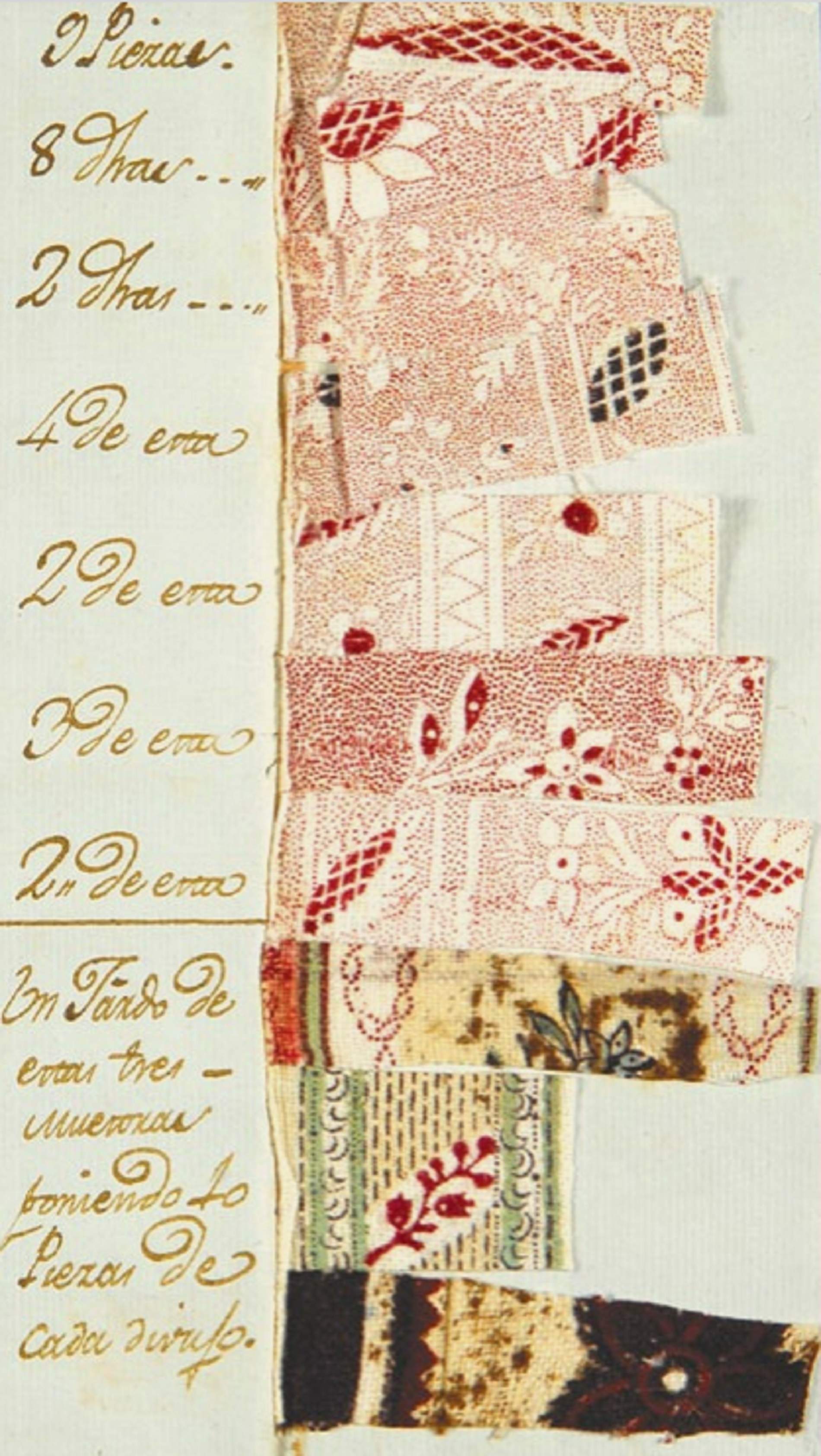 Pedido dirigido al fabricante Erasme de Gómina para|por un tendero de Sevilla con diferentes muestras de indianas (1792). Font AHCB (Arxiu Historic de la ciudad de Barcelona) Pedido dirigido al fabricante Erasme de Gómina para|por un tendero de Sevilla con diferentes muestras de indianas (1792). Font AHCB (Arxiu Historic de la ciudad de Barcelona)