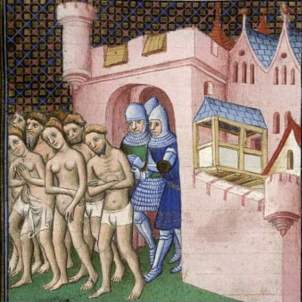 Representació de les massacres ordenades per Simó de Montfort a la Occitània pro catalana. Font British Library