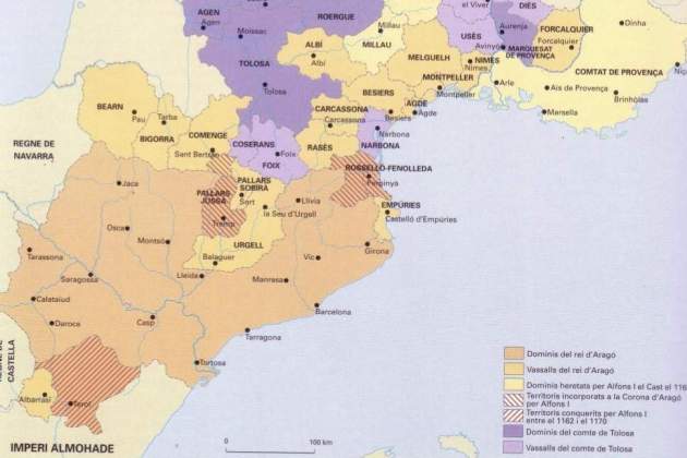 Mapa de la Corona catalanoaragonesa i dels seus aliats occitans abans de la batalla de Muret (1213). Font Enciclopèdia Catalana