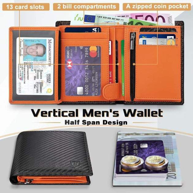 Espacio para 13 tarjetas, 2 compartimiento para billetes y monedas Espacio para 13 tarjetas, 2 compartimiento para billetes y monedas