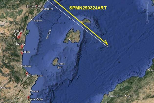 Recorrido del bólido por el mar Mediterráneo