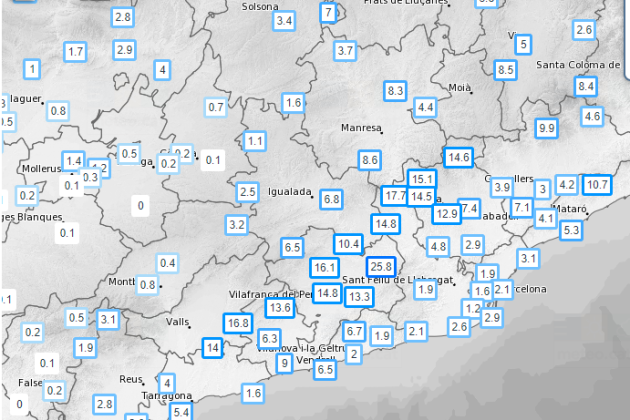 Precipitación acumulada en mm en las veguerías del Penedès, Barcelona, Campo de Tarragona y parte de la Catalunya Central / Meteocat