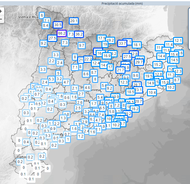 Pluja acumulada aquest diumenge en litres per metre quadrat / Captura del Meteocat Pluja acumulada aquest diumenge en litres per metre quadrat / Captura del Meteocat