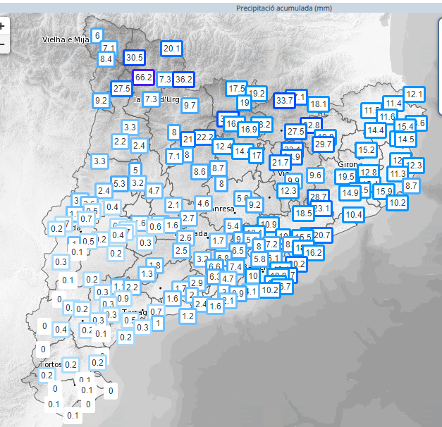 Lluvia acumulada este domingo en litros por metro cuadrado / Captura del Meteocat