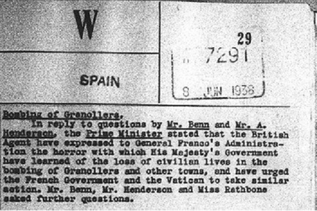 L'aviació franquista bombardeja Granollers. Declaració de protesta del govern britanic. Font The National Archive