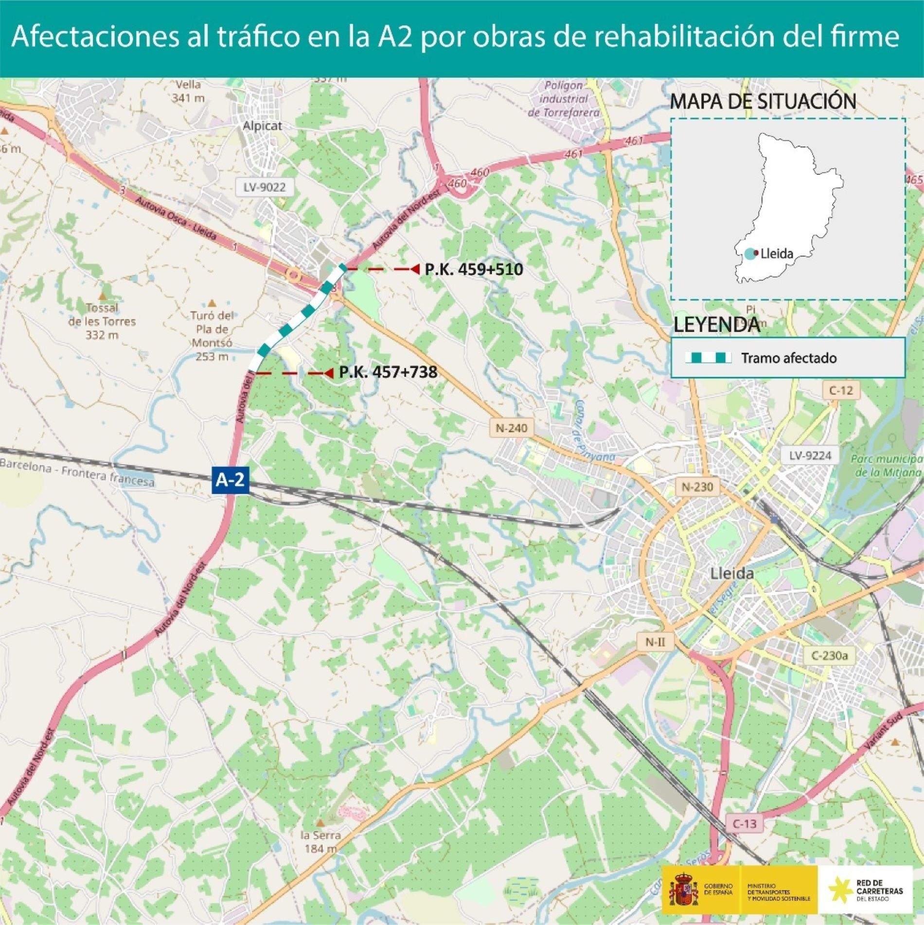 La A-2 en Lleida tendrá cortes parciales del 8 al 19 de abril por obras de rehabilitación en el firme