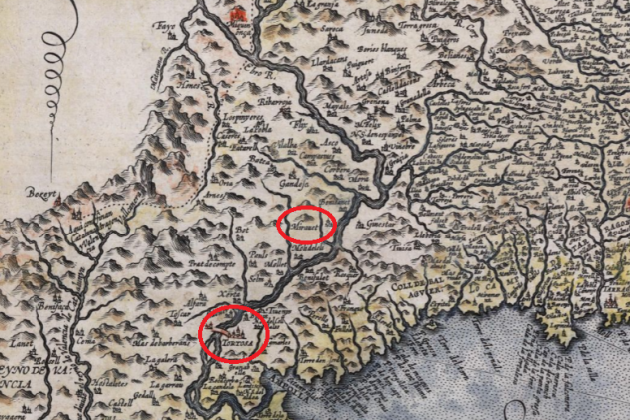 Fragmento de un mapa de Catalunya (1608). Los valles bajos del Segre y del Ebro. Fuente Cartoteca de Catalunya