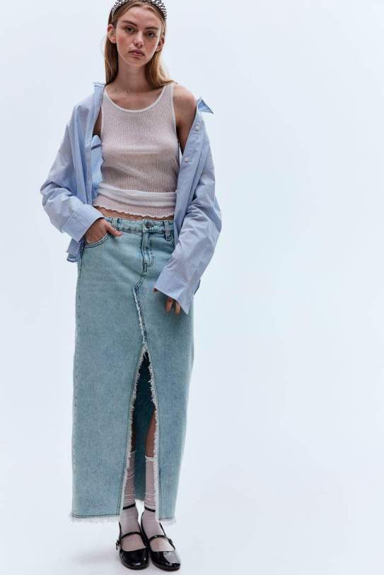 Faldilla|Falda denim amb acabat desflecado1 Faldilla|Falda denim amb acabat desflecado1