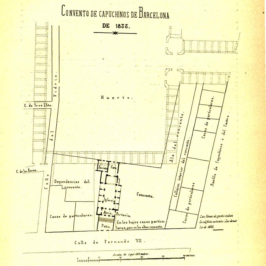 Plano del Convento de Capuchinos de Barcelona el año 1835 de acuerdo a Gaietà Barraquer Barraquer y Roviralta Cayetano