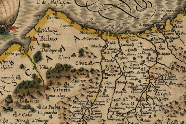 Fragmento de una mapa del norte penínsular (1606). Territorios de Vizcaya, Guipúzcoa y Álava. Fuente Cartoteca de Catalunya