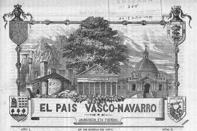 Portada del diario foralista El Pais Vasco Navarro, editado después de la derogación de los Fueros (1870). Fuente Ministerio de Cultura