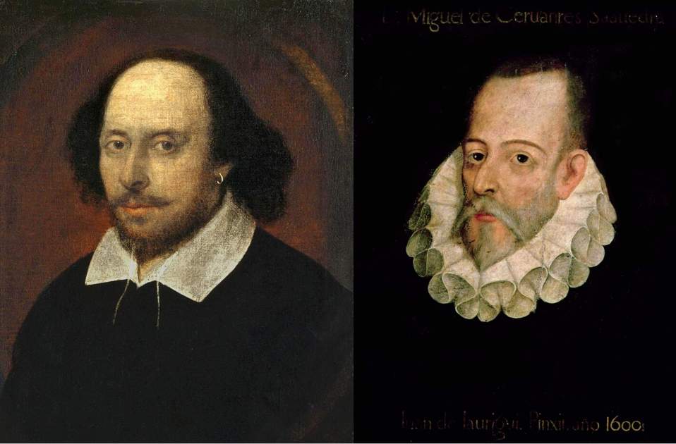 Shakespeare i Cervantes. Fuente Narional Portrait Gallery y Real Academia de la Historia