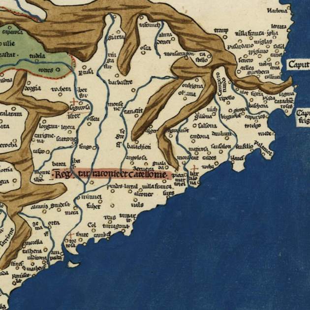 Fragmento de una mapa peninsular. Catalunya en el siglo XV. Font Cartotecas de Catalunya