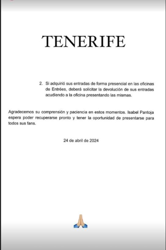Comunicado Isabel Pantoja sobre el concierto / Instagram Comunicado Isabel Pantoja sobre el concierto / Instagram