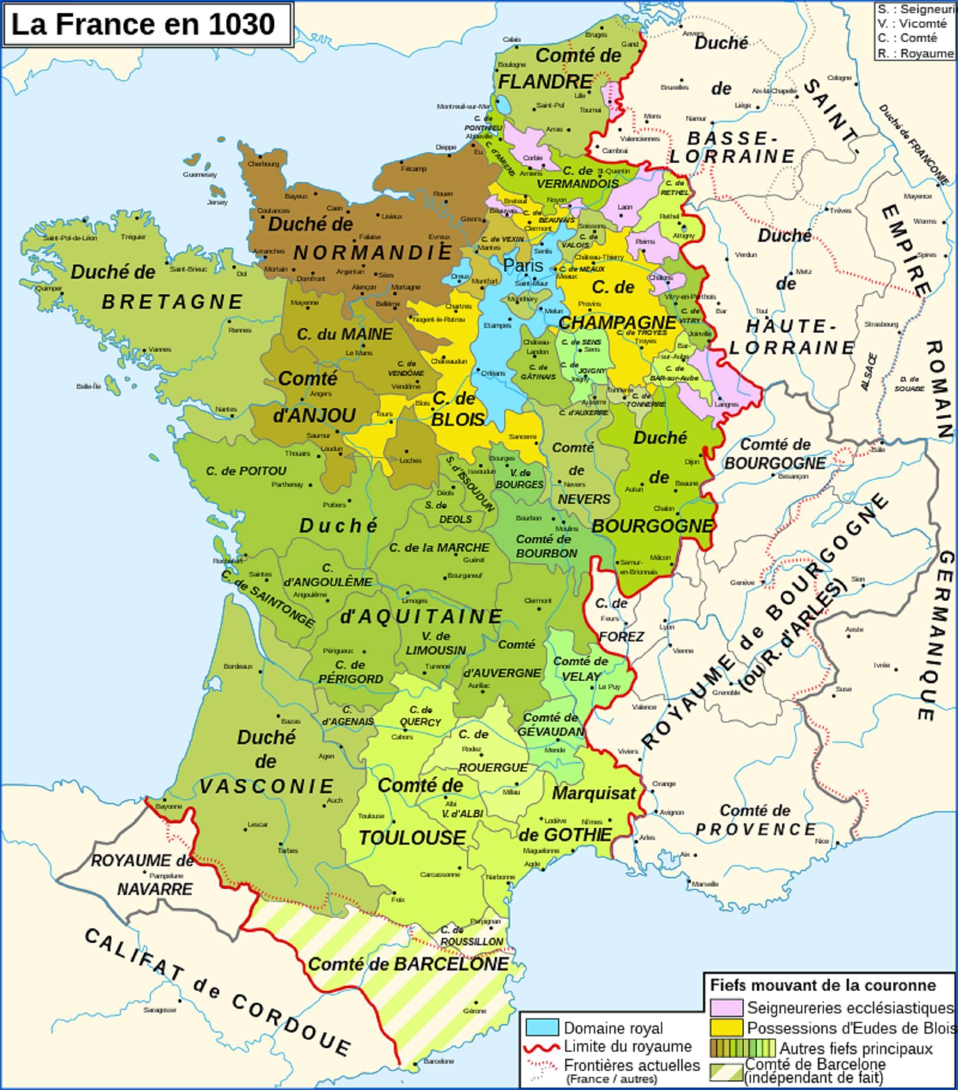 Mapa del reino de Francia a cavball del año 1000. Fuente Cartas de France