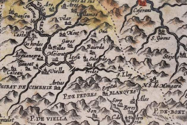 Fragmento de un mapa de Catalunya (1608). Cuadrante norte occidental. Arán. Fuente Cartoteca de Catalunya