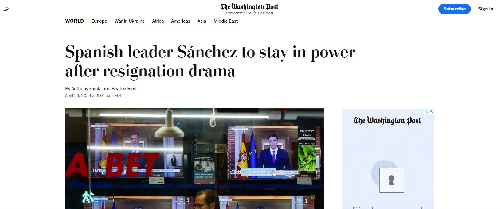 La continuidad de Pedro Sánchez en el The Washington Post