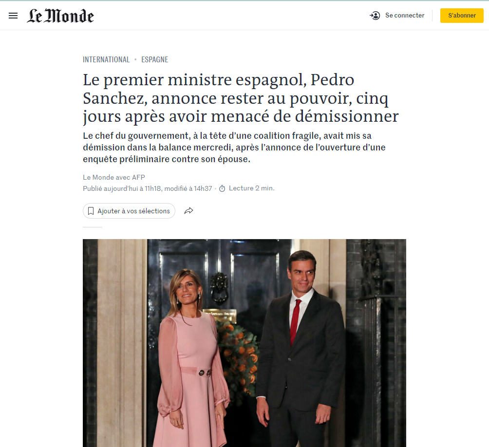 La continuidad de Pedro Sánchez al medio francés Le Monde
