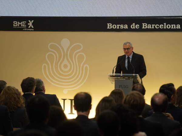 El president executiu de Puig, Marc Puig, en la seva intervenció en la Borsa de Barcelona./ Irene Vila