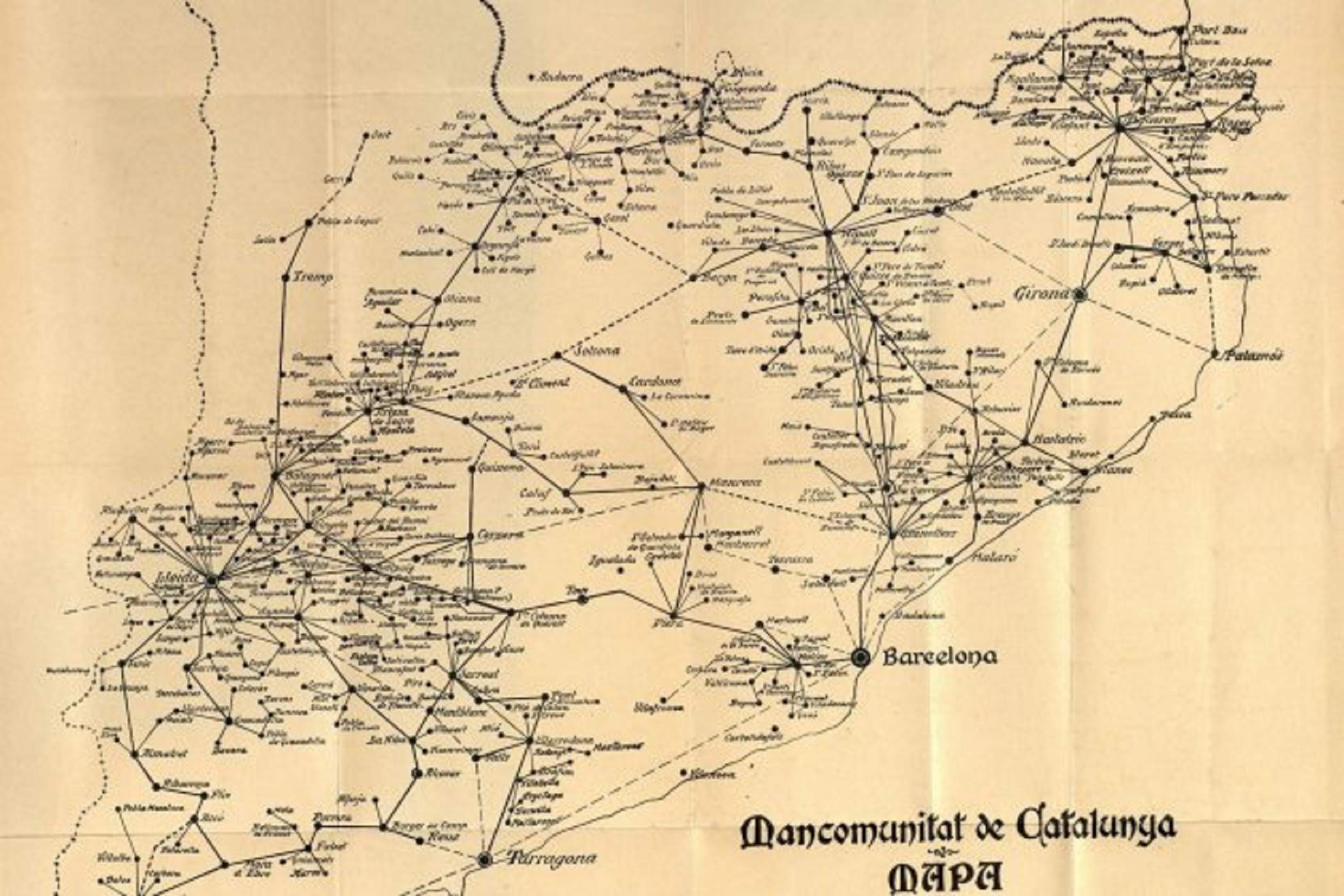 Mapa de la xarxa telefònica catalana (1922) impulsada per la Mancomunitat. Font Cartoteca de Catalunya