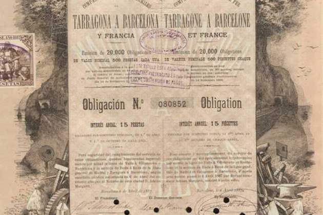Obligación de la Compañía de Tarragona a Barcelona y Francia (1875). Fuente Wikimedia Commons Obligación de la Compañía de Tarragona a Barcelona y Francia (1875). Fuente Wikimedia Commons