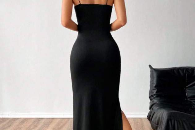 Vestido de mujer de tirantes con espaguetis y abertura alta1 Vestido de mujer de tirantes con espaguetis y abertura alta1