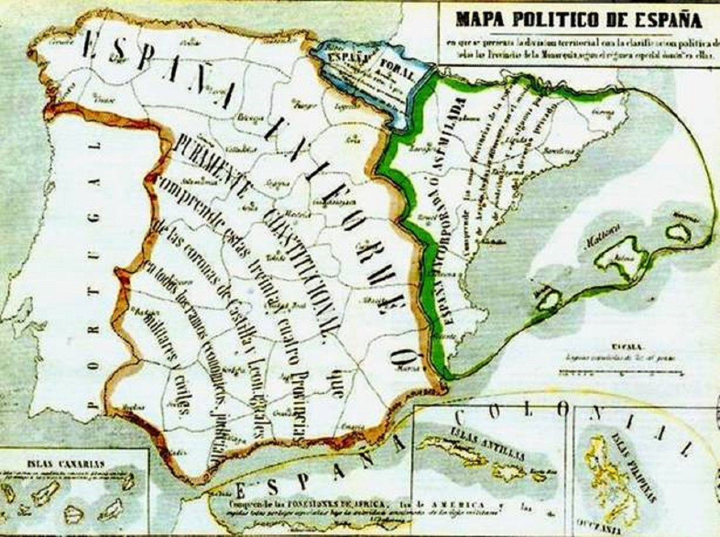 Pino y Cebadilla se nombrado presidente de la I República española. Mapa politic d'espanya (1854). Fuente Biblioteca Nacional de España