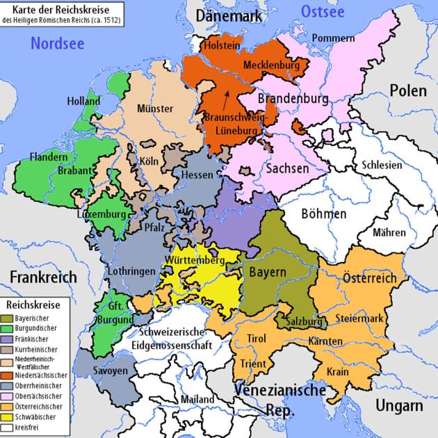 Mapa del Sacro Impere en 1512. Font Karte der Reichskreise desde Heiligen Römischen Reiches Mapa del Sacro Impere en 1512. Font Karte der Reichskreise desde Heiligen Römischen Reiches
