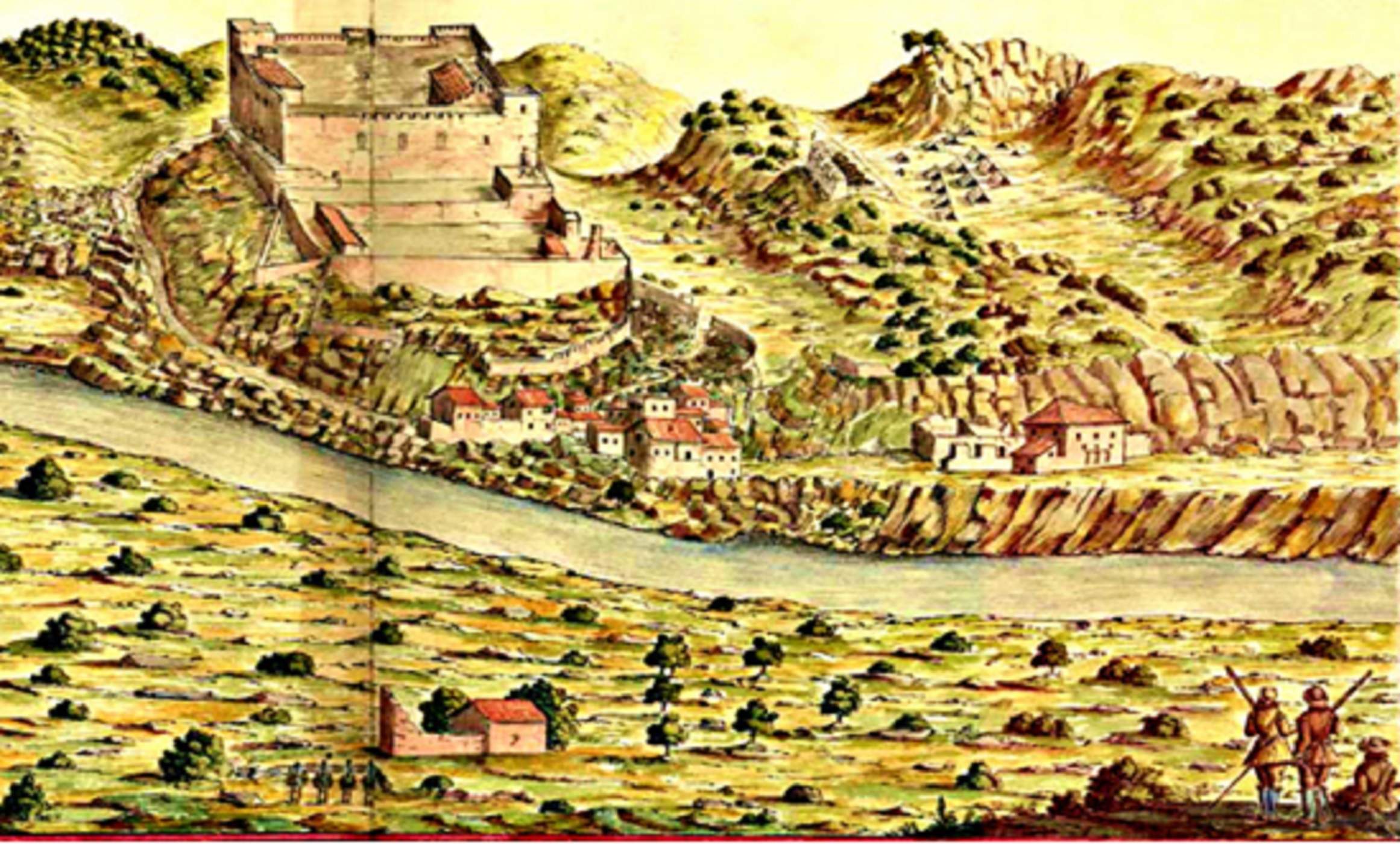 Una de les representacions més antigues que es conserven del castell de Miravet (1650). Font Arxiu Militar d'Estocolm