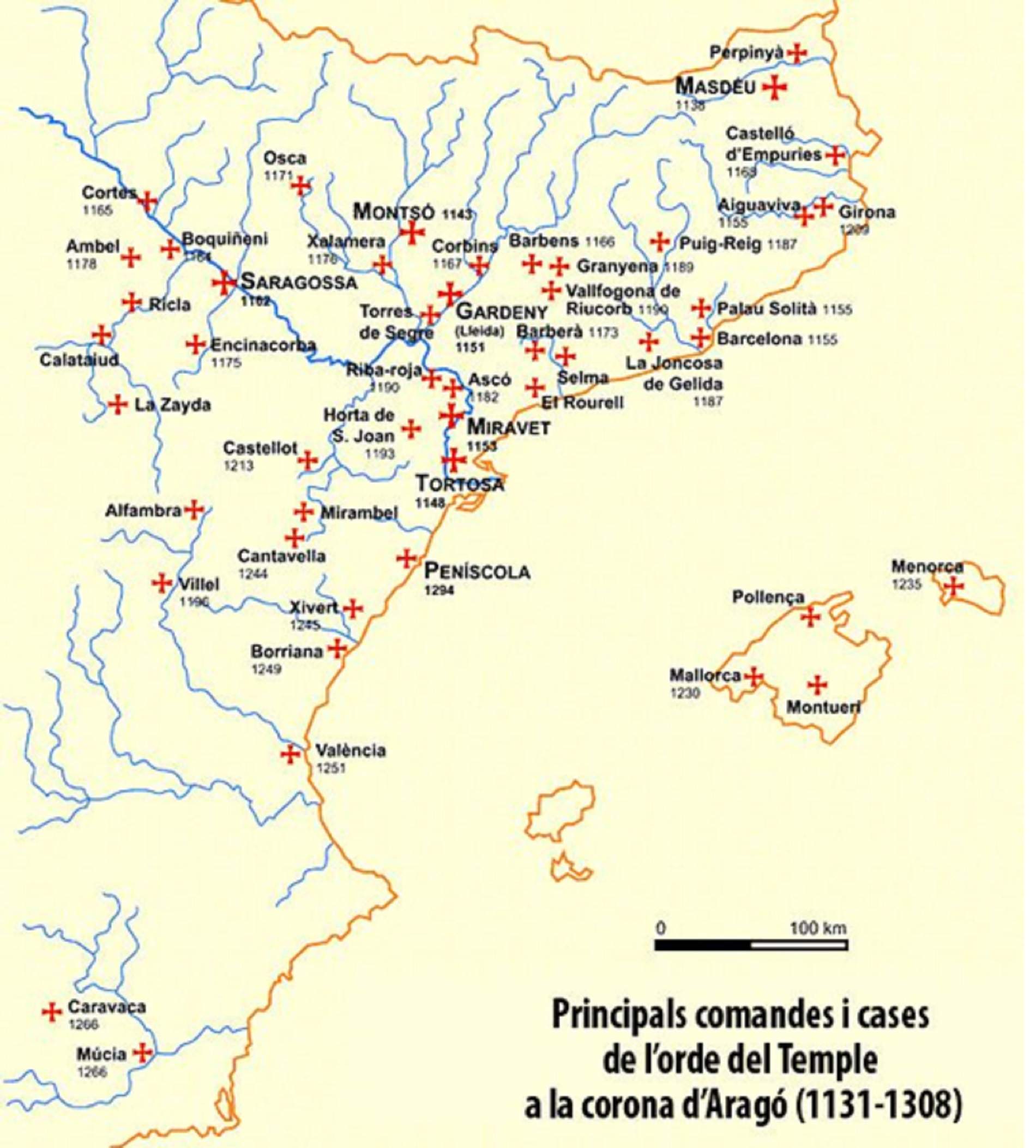 Mapa comandes templeres a la Corona catalano aragonesa. Font Arxiu ElNacional