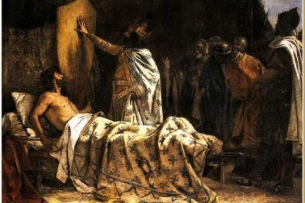 Representación contemporánea de Guifré y las cuatro barras de sangre, obra de Pau Bejarano (1892). Fuente Castillo de Santa Florentina. Canet de Mar Representación contemporánea de Guifré y las cuatro barras de sangre, obra de Pau Bejarano (1892). Fuente Castillo de Santa Florentina. Canet de Mar